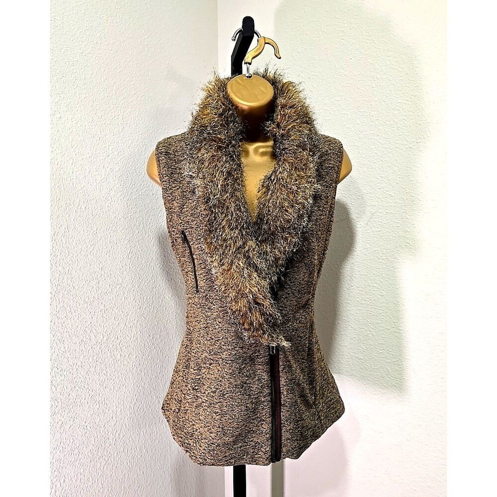 Penny Lane Y2K Vest Faux Fur Trim Womens Med XS THML Bratz Brown Tweed Boho Chic